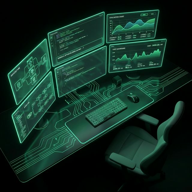 Developer workspace with multiple screens showing code, AI agent interfaces, and deployment dashboards