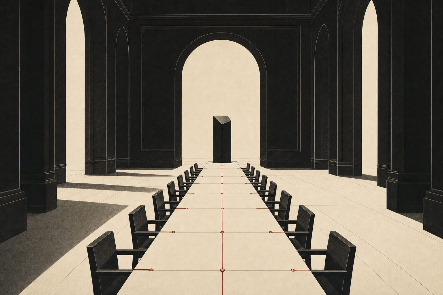 An editorial illustration in ink on warm paper: a long communal worktable with several empty chairs and, at its head, a smooth monolith in place of one chair standing for a non-human teammate, a single wire-red thread linking the seats, the whole table dwarfed by the vast hall that contains it.