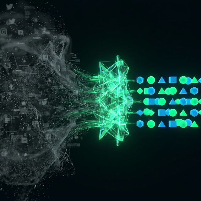 Data streams flowing through a neural filter, with signal amplified and noise fading away