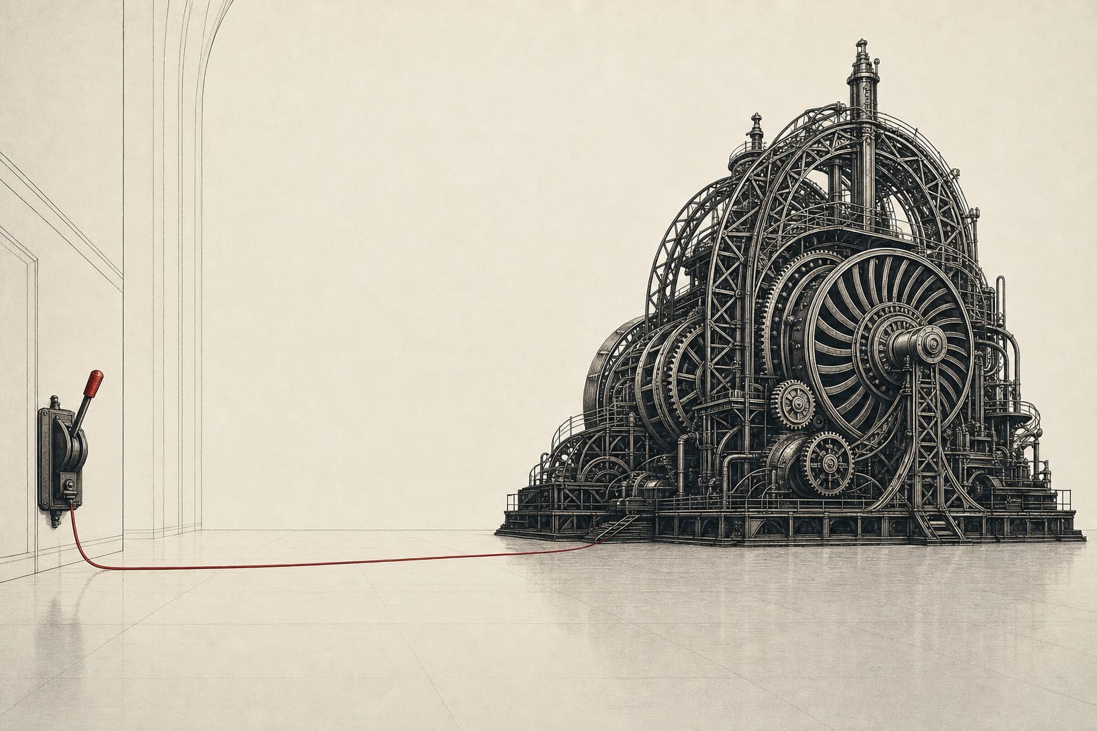 A vast, finely drawn machine alone in an empty hall, powered by a single thin cord that runs all the way across the floor to a heavy wall breaker lever caught mid-throw, the switch that controls it sitting far across the room.