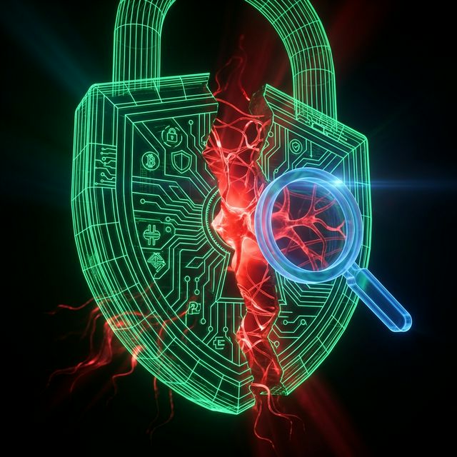 A digital lock being examined with a magnifying glass revealing hidden AI neural pathways underneath