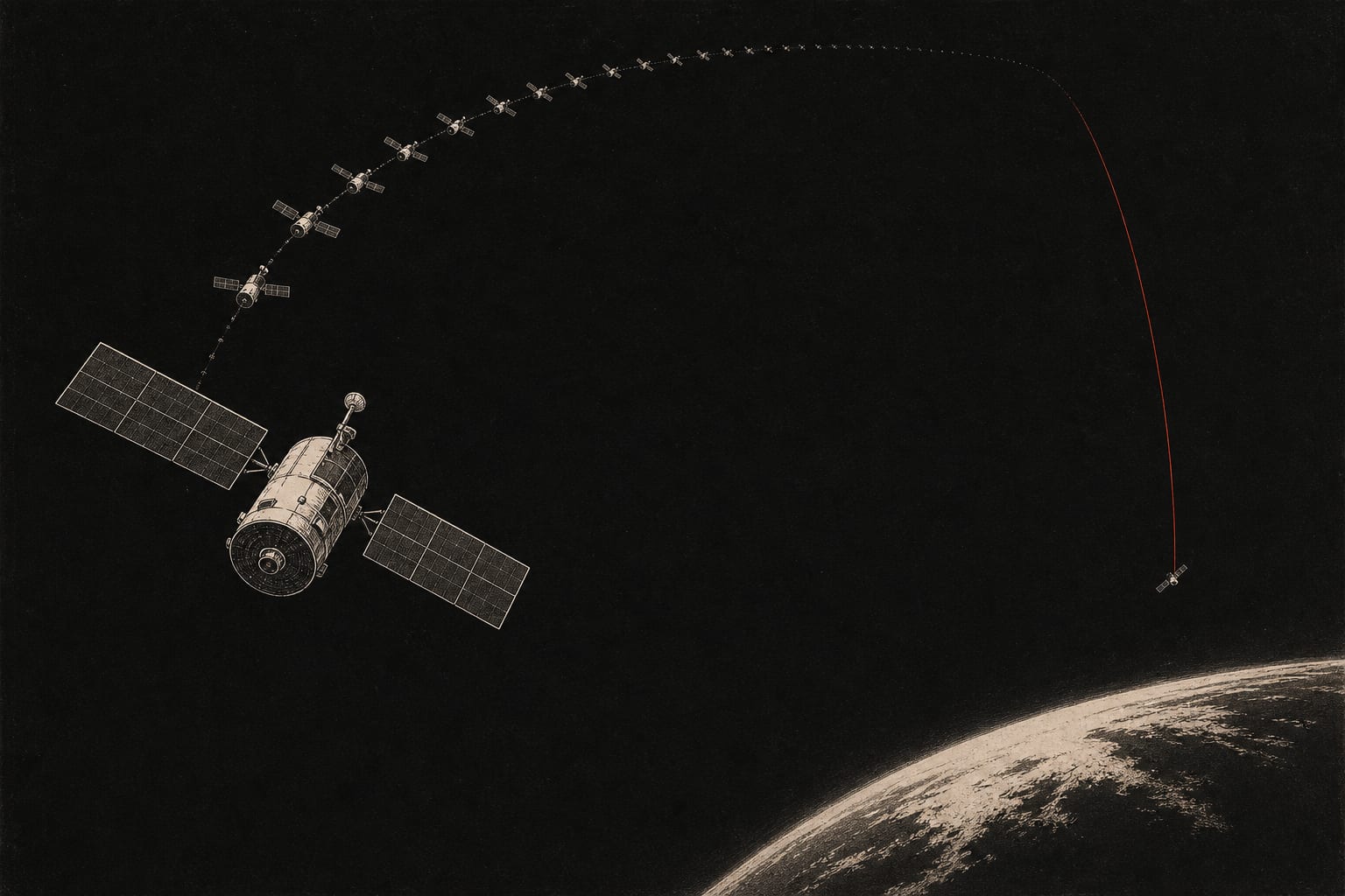 A single satellite in the foreground against deep black space, a faint receding line of identical satellites strung behind it, and one in the far distance falling back toward the curve of the Earth along a thin red arc.