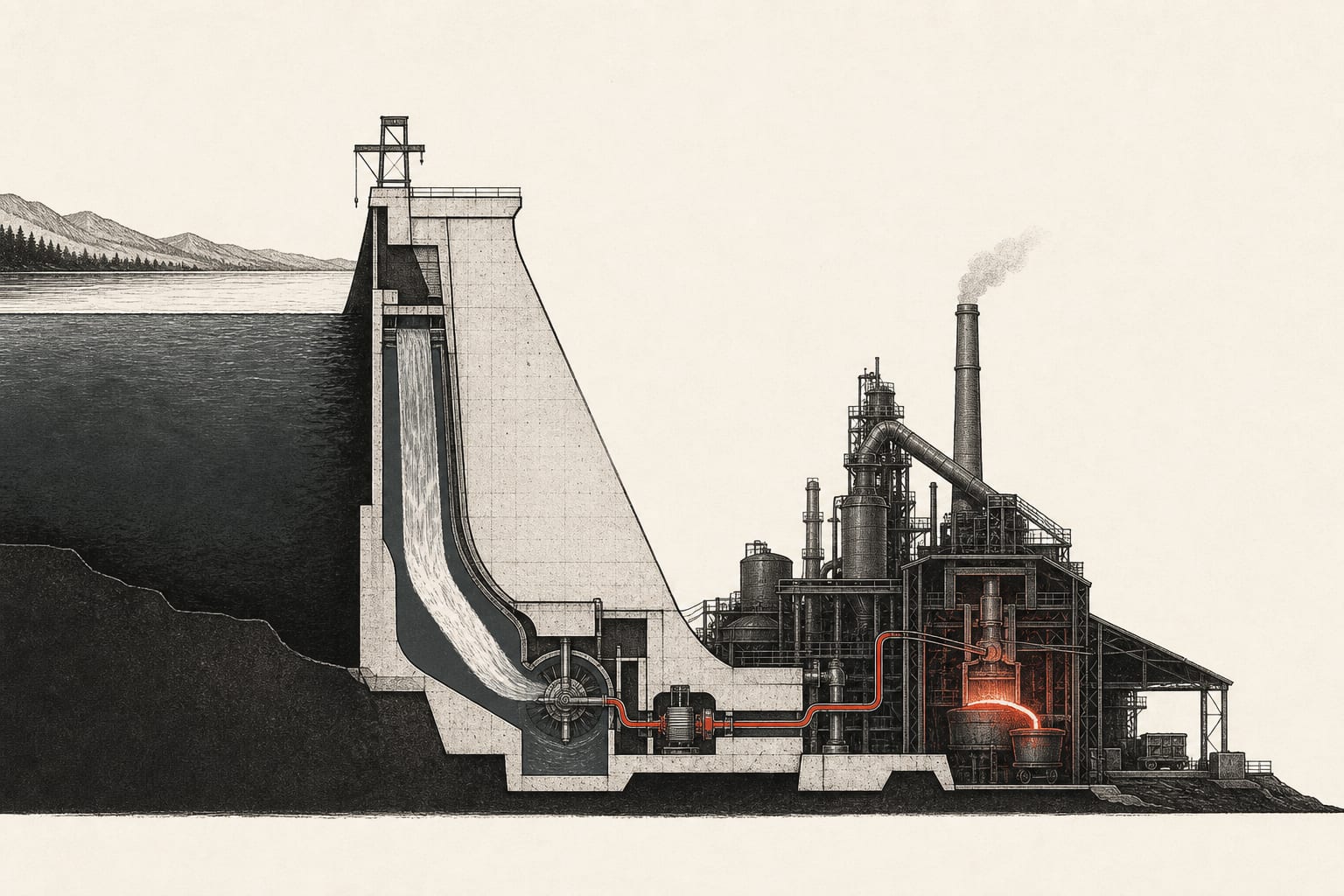 A cross-section of a hydroelectric dam with falling water driving a turbine, a red line of energy running into an industrial smelter built against the base of the dam, molten metal glowing in the furnace.