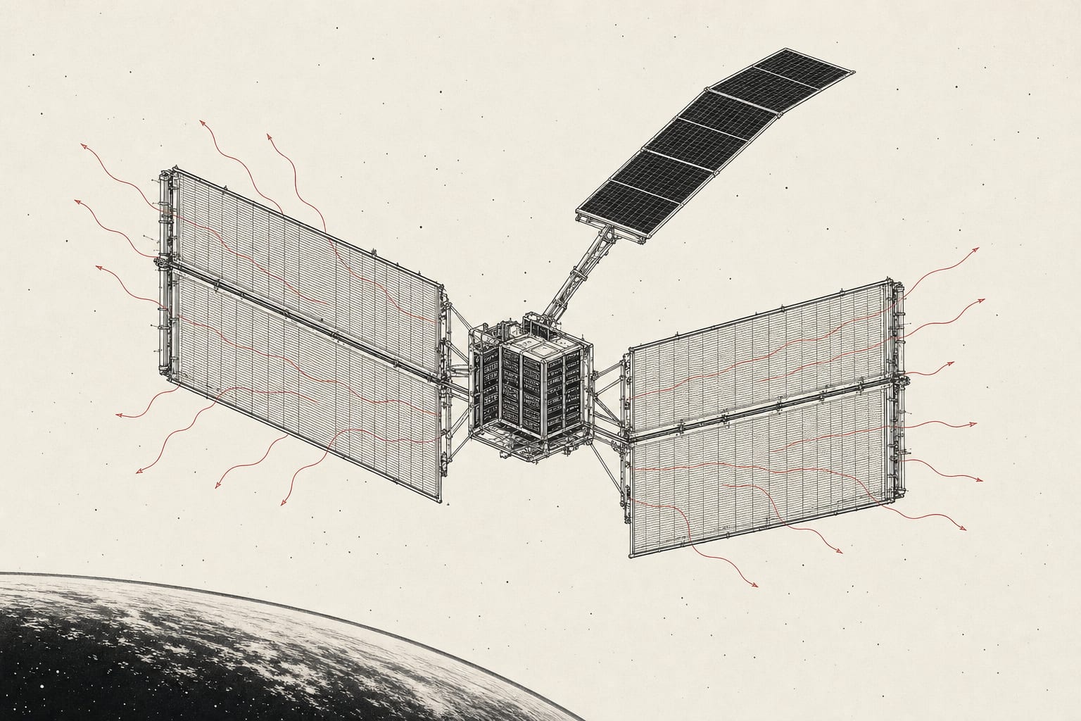 A fine technical schematic of an orbital computer: a small cube of server racks at the center, dwarfed by enormous deployable radiator panels fanning out on either side, a single solar wing above, thin red lines of heat escaping into empty space, with the curve of Earth below.