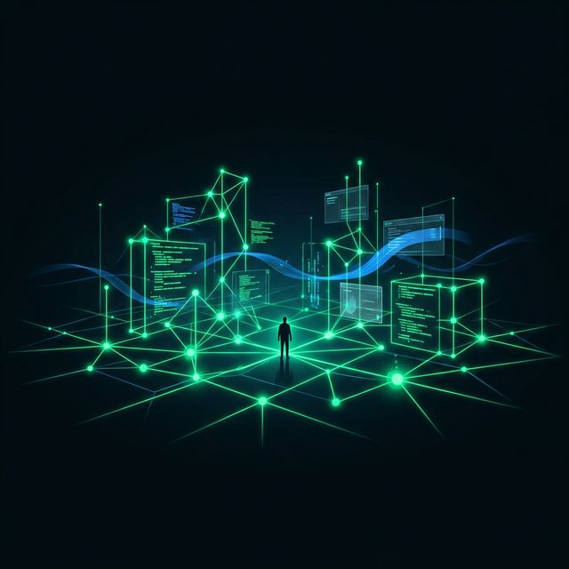 Abstract visualization of AI agents as autonomous entities building digital structures